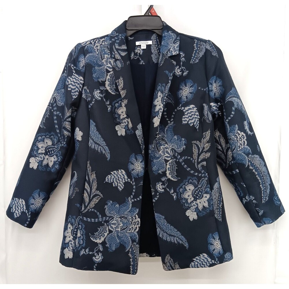 Chicos Jacket Womens Size Medium Dark Blue Floral Collared Long Sleeve Blazer